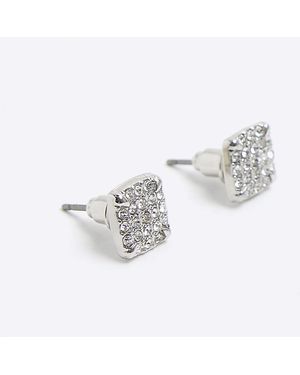 River Island Silver Colour Diamante Stud Earrings - White