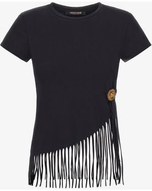 Roberto Cavalli Fringe Trim T-Shirt - Black
