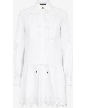 Roberto Cavalli Mini Shirt Dress With Perforated Roses - White