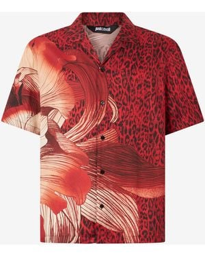 Roberto Cavalli Shirt With Maxi Floral And Jaguar Skin Print - Red