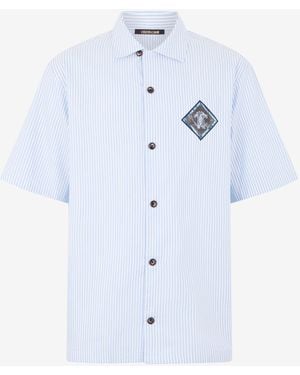 Roberto Cavalli Striped Cotton Shirt With Monogram Rc Patch - Blue