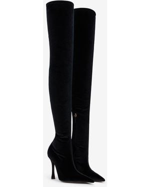 Roberto Cavalli Satin Pointed-Toe Thigh High Boots - Black
