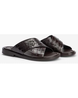 Roberto Cavalli Dark Crocodile-Effect Leather Slide Sandals - Black