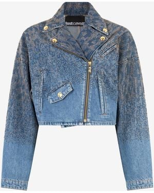 Roberto Cavalli Cropped Denim Jacket With Rhinestones - Blue