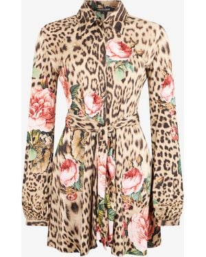 Roberto Cavalli Mini Dress Jaguar Roses Print - White