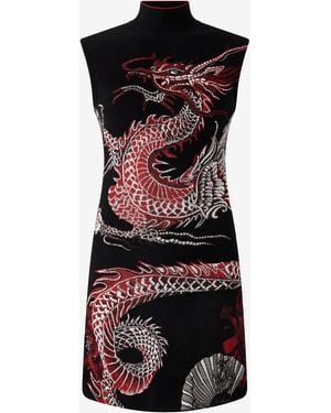 Roberto Cavalli Mini Dress With Floral And Dragon Pattern - Black
