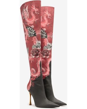 Roberto Cavalli Knee-High Boots With Dragon Print - Red