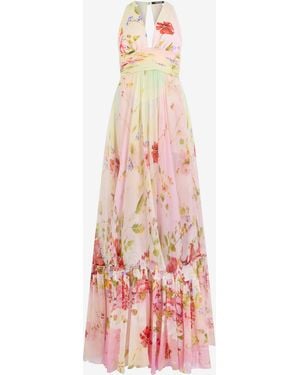 Roberto Cavalli Long Chiffon Dress With Miami Flowers Print - White