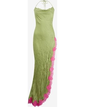 Roberto Cavalli Long Silk Dress With Lace Detail - Green