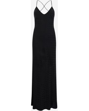 Roberto Cavalli Silk Maxi Dress With Monogram Rc - Black