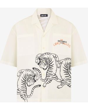 Roberto Cavalli Camisa Color Marfil Con Tigres Y Logotipo - Blanco