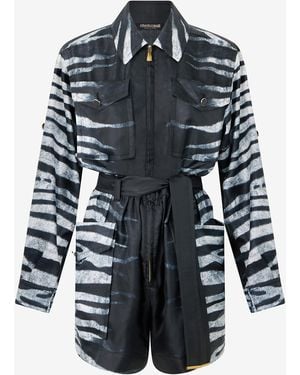 Roberto Cavalli Short Silk Dress With Zebra Print - Black