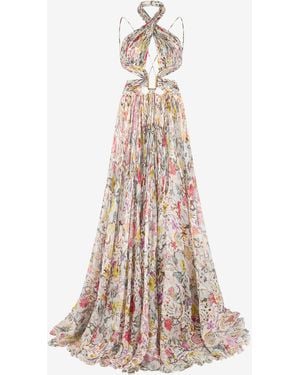 Roberto Cavalli Long Chiffon Dress With Florentine Flowers Print - Natural