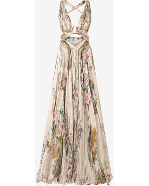 Roberto Cavalli Extra-Long Silk Dress With Oriental Bird Print - Natural