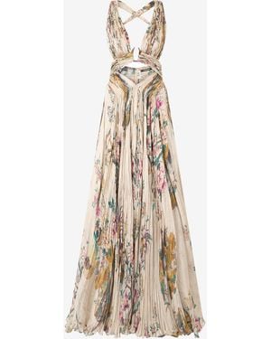 Roberto Cavalli Extra-Long Silk Dress With Oriental Bird Print - Natural