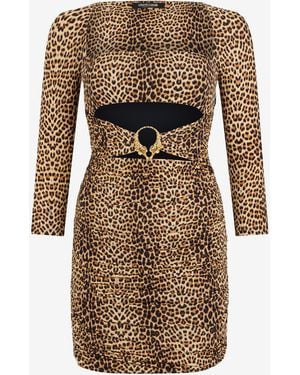 Roberto Cavalli Mini Dress With Baby Jaguar Print And Cut-Out Detail - Natural