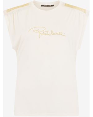 Roberto Cavalli Ivory T-Shirt With Logo And Embellishments - White