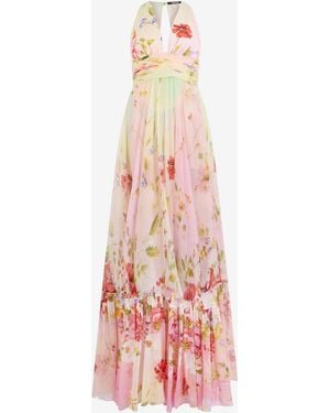 Roberto Cavalli Long Chiffon Dress With Miami Flowers Print - White