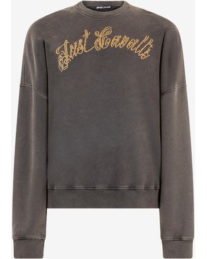 Roberto Cavalli Sweatshirt With Bejeweled Logo Studs - Grey