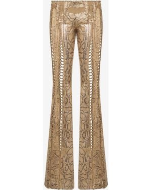 Roberto Cavalli Leather Trousers With Python Print And Cut-Out Details - Natural