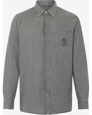 Roberto Cavalli Cotton Shirt With Embroidered Logo - Grey