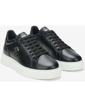 Roberto Cavalli Leather Sneakers With Logo Detail - Black