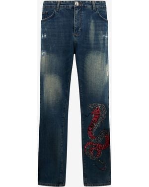 Roberto Cavalli Snake-Print Slim-Fit Jeans - Blue