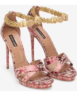 Roberto Cavalli Roar Burgundy Laminated Leather Sandal - Pink