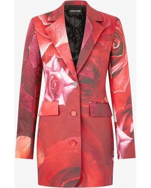 Roberto Cavalli Long Blazer With Rose Print - Red