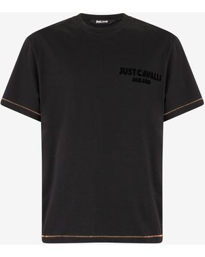 Roberto Cavalli T-Shirt With Jc Monogram And Contrasting Topstitching - Black