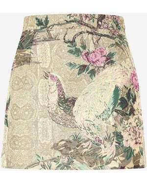 Roberto Cavalli Miniskirt With Oriental Bird Print - Metallic