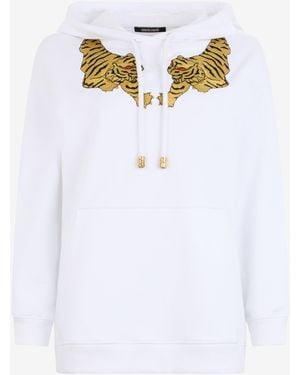 Roberto Cavalli Sweatshirt Hoodie With Tiger Embroidery - White