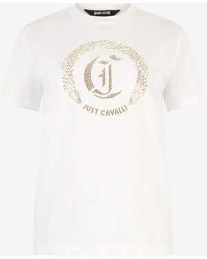 Roberto Cavalli Cotton T-Shirt With Studs - Natural