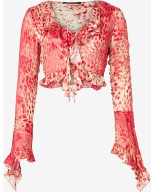 Roberto Cavalli Crop Top With Ruffle And Jaguar Skin Print - Red