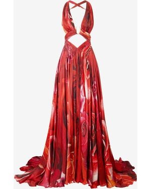 Roberto Cavalli Long Dress With Rose Print And Cut-Out - Red