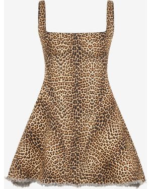 Roberto Cavalli Flared Dress With Bbay Jaguar Print And Frayed Edges - Natural