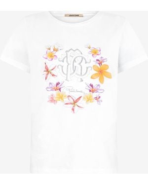 Roberto Cavalli T-Shirt Con Fiori E Monogram Rc - Bianco