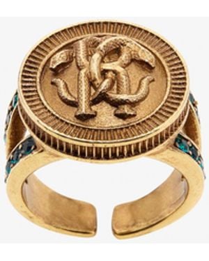 Roberto Cavalli Ring With Monogram Mirror Snake And Crystals - White