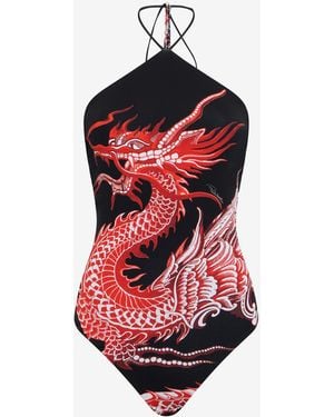Roberto Cavalli Bodysuit With Dragon, Flowers And Fans - Red