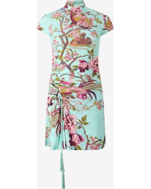 Roberto Cavalli Mini Dress With Oriental Bird Print - Blue