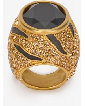 Roberto Cavalli Cocktail Ring With Crystals And Tiger Skin Pattern - Metallic