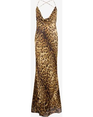 Roberto Cavalli Long Silk Dress With Jaguar Skin Print - Metallic