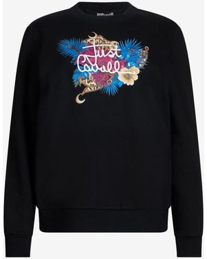 Roberto Cavalli Sweatshirt With Floral Logo Print - Black