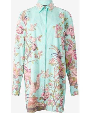 Roberto Cavalli Shirt Dress With Oriental Bird Print - Blue
