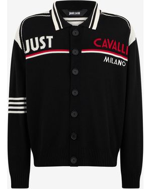 Roberto Cavalli Knit Cardigan With Polo Collar And Logo - Black