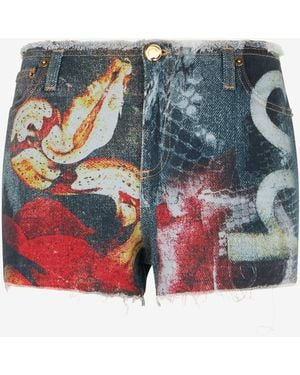 Roberto Cavalli Denim Shorts With Roses And Snakes - Blue