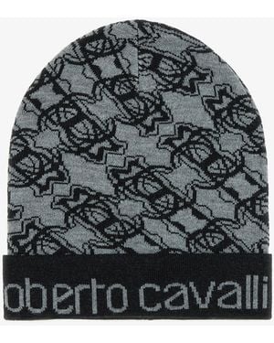 Roberto Cavalli Wool Blend Beanie With Rc Monogram And Logo - Black