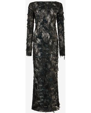 Roberto Cavalli Dress With Fur Print On Destroyed-Effect Lace - Black