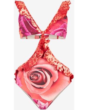 Roberto Cavalli Garden Rose And Cheetah Skin Trikini - Red