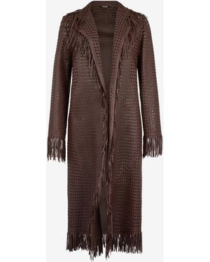 Roberto Cavalli Woven Leather Coat With Fringes - Brown